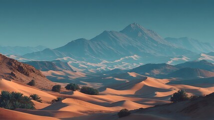 Fototapeta premium Endless Sand Dunes in Sahara Desert Bathed in Soft Sunset Light