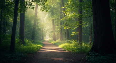 Naklejka premium Peaceful Forest Path with Sunbeams Symbolizing Hope and Healing. Serene Nature Trail for Reflection and Renewal.