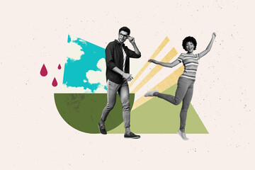 Template collage of girl people volunteer on picture geometric figures drops white background