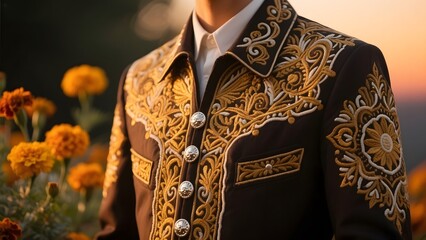 Close-up of a person wearing an intricately embroidered traditional jacket with floral background