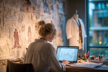 Female fashion designer working on a laptop in a creative studio, surrounded by sketches and a dress form, showcasing the artistic design process and inspiration