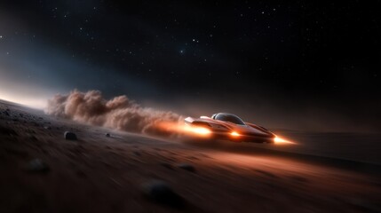Futuristic red spaceship racing through alien desert under starry sky