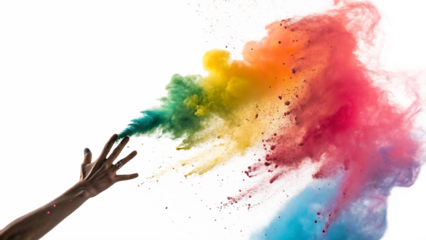 hand releasing vibrant colorful powder cloud explo isolated on white background PNG, AI GENERATED