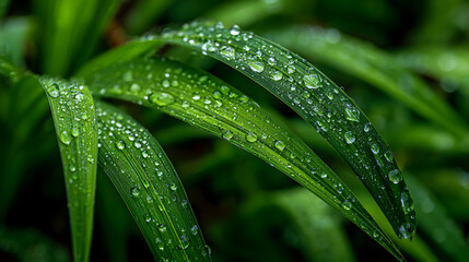 Naklejka premium Closeup of Green Grass Blades with Dew Drops in Soft Focus Background 70603383 1