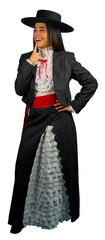 Young latina dancer wearing traditional chilean Huasa clothing with hat, touching her chin with...