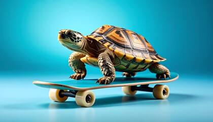 Turtle riding a skateboard on a bright blue background