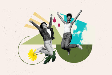 Template art collage of people raise fists jump with flowers picture on white background