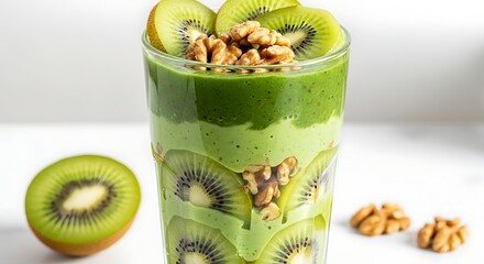 Delicious Green Smoothie with Kiwi and Walnuts: A Nutritious and Refreshing Drink Recipe Idea.