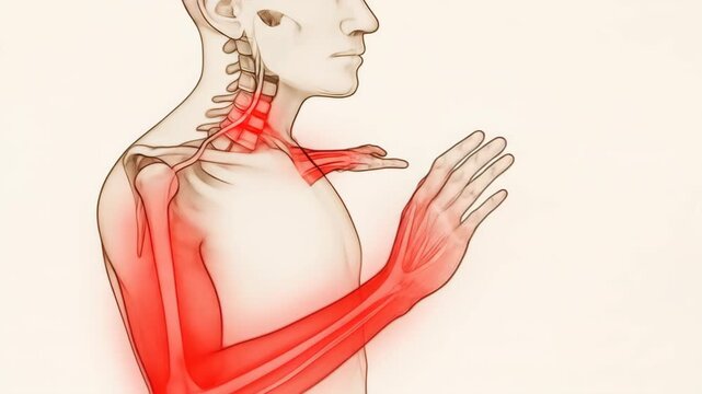 Anatomical illustration showing a compressed spinal nerve root in the neck leading to radiating pain in the human arm