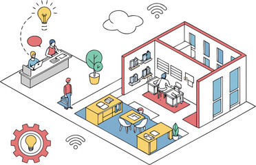 Modern isometric office interior with employees collaborating brainstorming ideas and utilizing technology for productivity and innovation