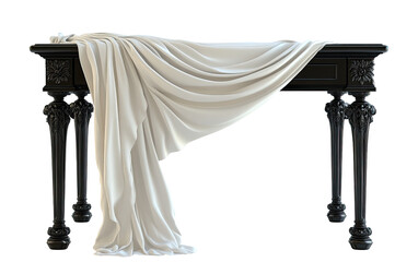 Dark wood console table draped with flowing fabric