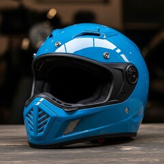 Vibrant Blue Protective Gear: Close-up of a Safety Helmet on a Wooden Surface, Reflecting Light and Emphasizing Design.