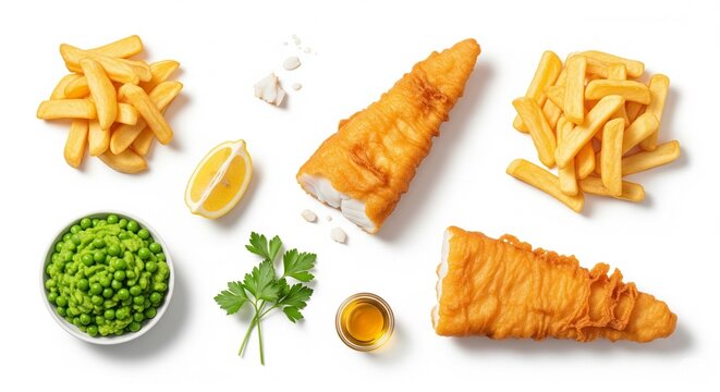 A flat lay of classic fish and chips with battered fish, golden fries, mushy peas, lemon, and parsley on a white background.