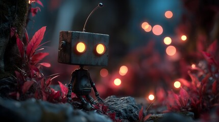 Small toy robot sits amidst vibrant red foliage with glowing orbs floating in the background, concept for children's illustrations, whimsical storytelling and futuristic fantasy art.