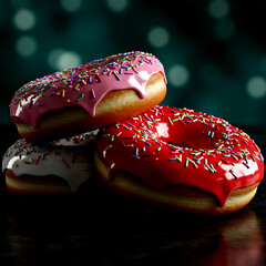 Three colorful iced donuts with sprinkles stacked on a dark surface doughnuts food