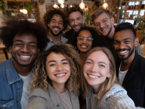 Group of diverse young adults smiling for a selfie in a well lit casual setting, concept for friendship bonding, student life and community gatherings. Multiethnic team of marketing executives or