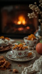 A cup of dessert with dried fruit near a fireplace creating a cozy and warm atmosphere indoors scene