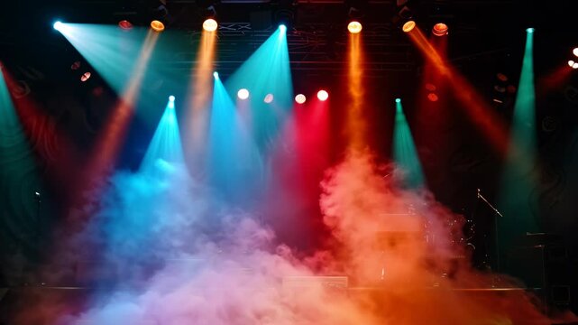 Vibrant stage lights with colorful beams and fog create a dynamic concert atmosphere. Shot from a low angle, perfect for a music video backdrop. Live desktop wallpaper. - Powered by Adobe