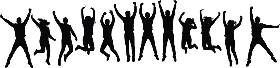 Jumping people silhouette, group happiness, teamwork success, joyful movement, energy celebration, unity concept, black silhouettes, dynamic pose, party, motion art.