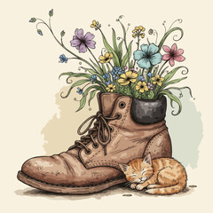 Flowers in a boot with a sleeping kitten illustration