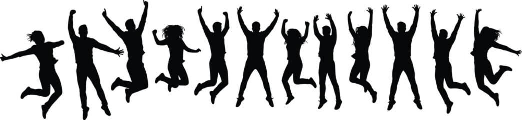 Jumping people silhouette, group happiness, teamwork success, joyful movement, energy celebration, unity concept, black silhouettes, dynamic pose, party, motion art.