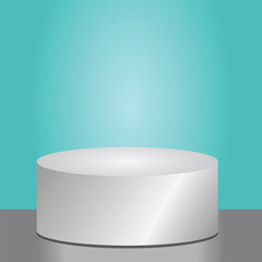 White cylindrical podium on a reflective surface against a gradient teal background