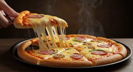 Delicious pizza with stretchy cheese being lifted from the plate