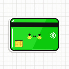 A cute, green credit card cartoon character with a happy face and contactless payment.