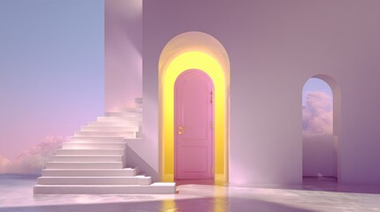Fototapeta premium Pastel-colored architectural scene with a pink door and stairs.