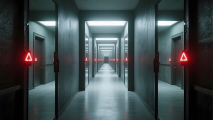 Long, dimly lit corridor with red exit signs and closed doors on both sides.