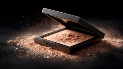 Compact powder with an open lid on a dark surface with surrounding powder particles, concept for cosmetic product photography, makeup advertisement and beauty blogging.