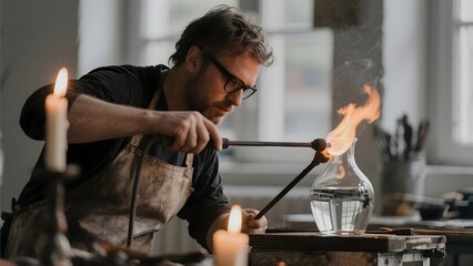Craftsman shaping glass with a flame in a workshop setting