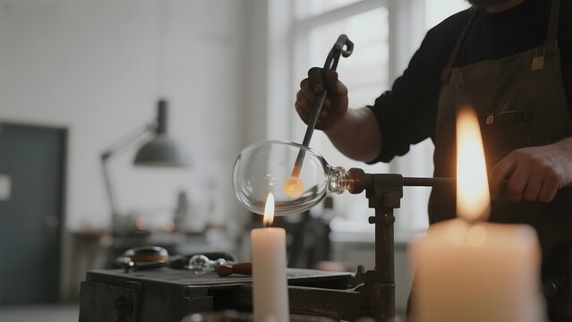 Craftsman shaping glass with a rod over lit candles in a workshop