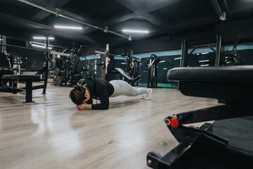 A young woman exercises by maintaining a plank position on a gym floor. The gym is equipped with modern fitness equipment under bright lighting, emphasizing dedication to health and fitness.
