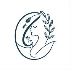 Elegant Feminist Skincare Logo Design with Woman and Leaves