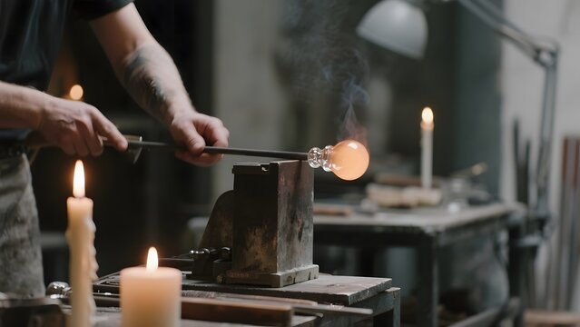 Craftsman shaping molten glass with tools in a workshop setting