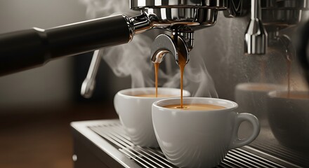 Espresso Pouring Into Steaming White Cups on Machine