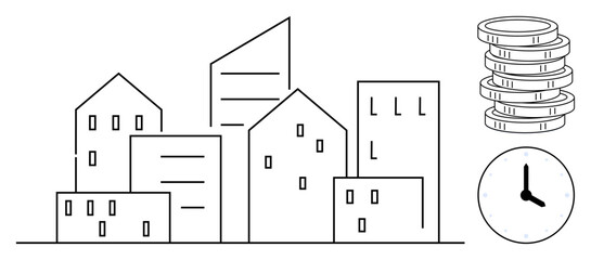 Cityscape of modern and classic buildings, clock, and coin stack. Ideal for urban planning, real estate, investment, time management, economics housing financial growth. Simple flat metaphor