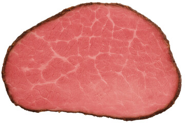 Thinly sliced roast beef with visible texture isolated on a transparent background, perfect for food and culinary projects