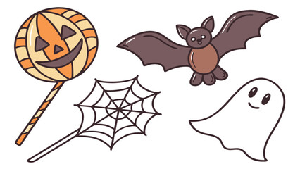 Whimsical halloween illustrations featuring a smiling jack o lantern lollipop a friendly bat a delicate spiderweb and a cheerful ghost on a white background