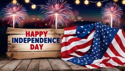 Happy Independence Day with Fireworks and American Flag on Wooden Background