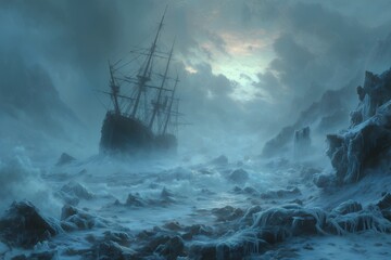 Obraz premium Tall ship adrift in a storm-tossed, icy sea under a cloudy sky, conveys a sense of isolation, concept for adventure story illustration, historical narrative backdrop and dramatic visual