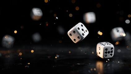 White dice in mid-air, against a black background, with sparks