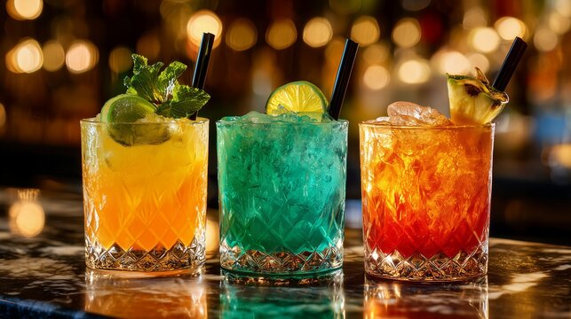 Three colorful cocktails with ice and fruit garnish displayed on a marble bar top with bokeh lights background, concept for summer vacation, beverage presentation and bar promotions - Powered by Adobe
