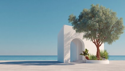 White architectural structure by the sea, with a large tree