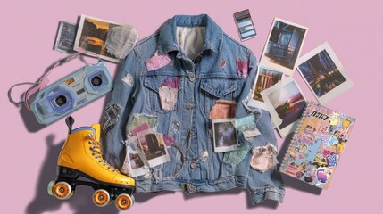 Collage of retro teenage items: denim jacket, rollerblades, walkman, printed photos, and sticker-covered notebook. --ar 16:9 --v 7 Job ID: 4bd97d9f-33bc-427e-bc53-8b14f576dc6f