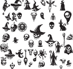 Fototapeta premium Spooky Halloween Icon Vector Set. Isolated on white background, clean silhouette, retro horror theme.