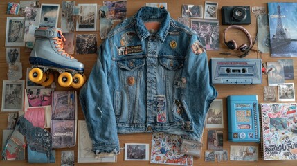 Collage of retro teenage items: denim jacket, rollerblades, walkman, printed photos, and sticker-covered notebook. --ar 16:9 --v 7 Job ID: 4bd97d9f-33bc-427e-bc53-8b14f576dc6f
