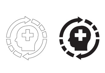 Mental Health and Wellness Icons. Brain and Head Symbols Representing Positive Mental Health, Cognitive Function, and Psychological Well-Being. Medical and Therapy Concepts in Modern Flat Design.