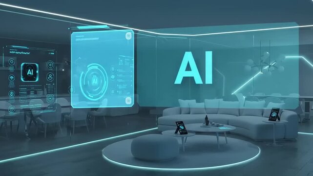 Futuristic smart home interior design with interactive display